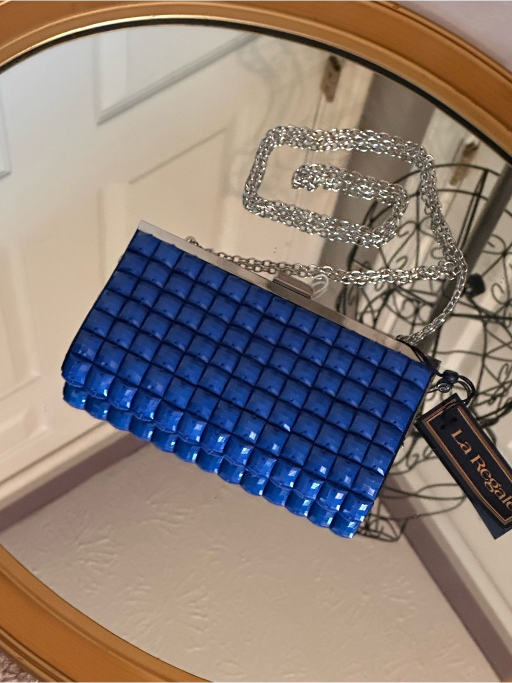 La Regale Electric Blue Cube Crossbody Clutch with Silver Chain